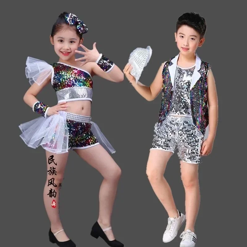 Modern Model Catwalk Sequin Costumes Skirts Dance Wear Girls Jazz Dance Street Dance Performance Costumes Children's