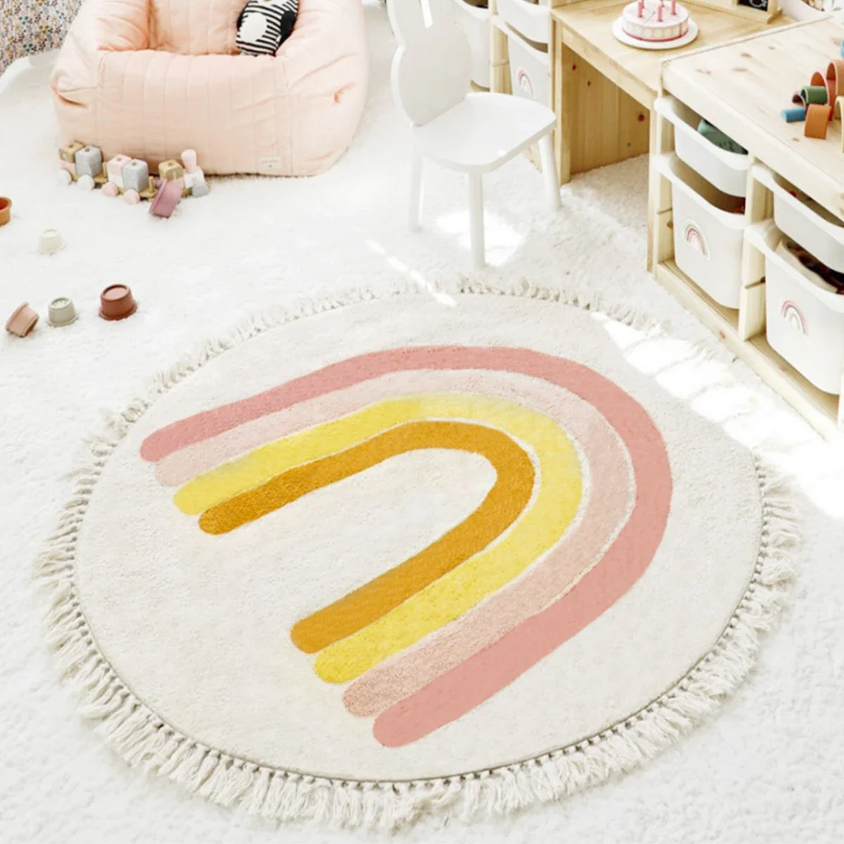 Rainbow Tassel Carpet Round Floor Mat Bedroom Living Room Ddecoration Cartoon Cute Rug Bedside Machine Washable Soft Area Rugs