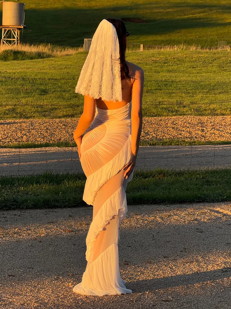 PB Fashion Sexy Mesh Sheer White Rüschen Neckholder Rückenfrei V-Ausschnitt Maxikleid Strandpartykleid