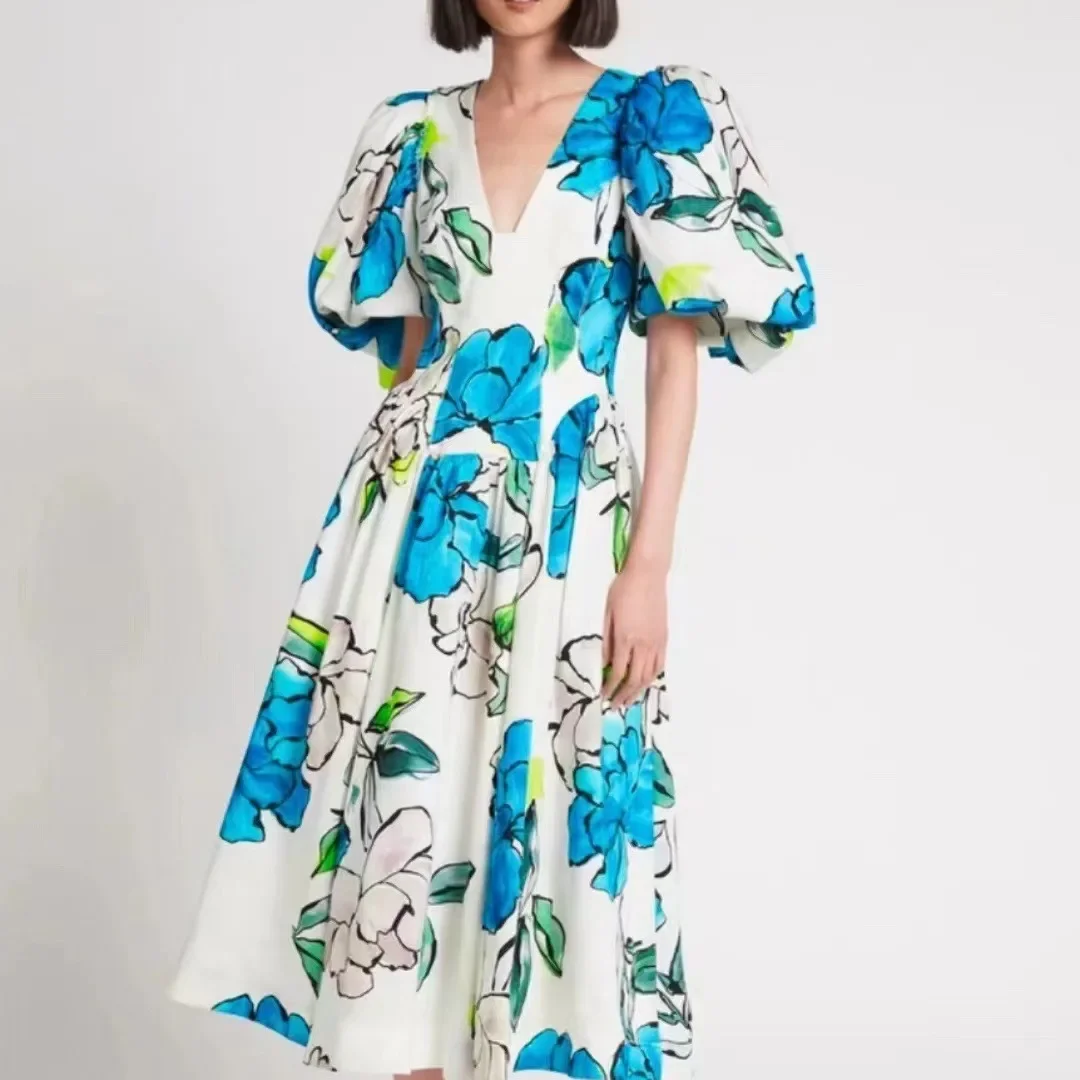 Niche2023 New Australian Style V-Neck Puff Sleeve Printing Hollow Waist-Fitted Long Dress Women's Fashionable Fresh Look