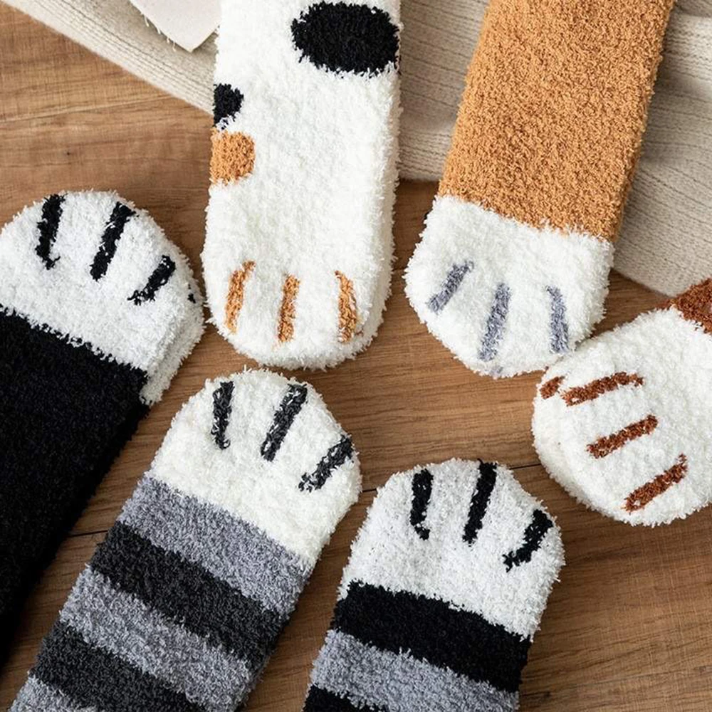 ﻿ 2Pairs Kits Paw Printed Socks Women Men Warm Fluffy Socks Cute Animal Footprints for Home Floor Long Socks 2 Colors view 6