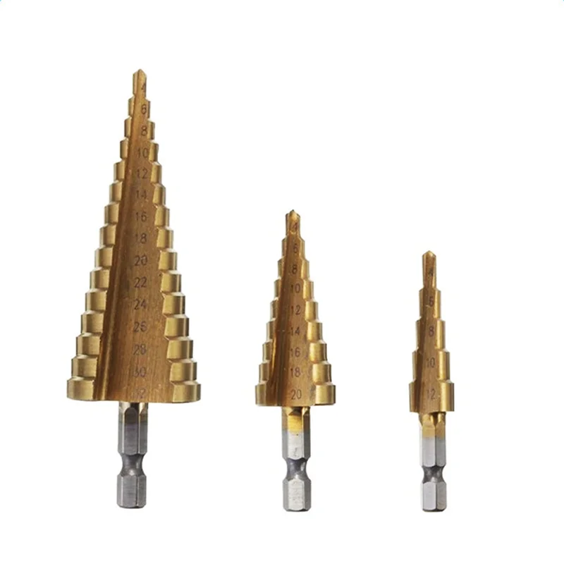 

A53Q-9Pc Hss Step Cone Taper Drill Bit Set Hole Cutter Metric 4-12/20/32Mm 1/4 Inch Titanium Coated Metal Hex Bits