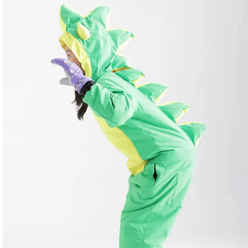 Children Kids Ski Suit One-Piece Cartoon Dinosaur for Boys Girls Winter Single Double Board Ski Suit Set for Ski Resorts