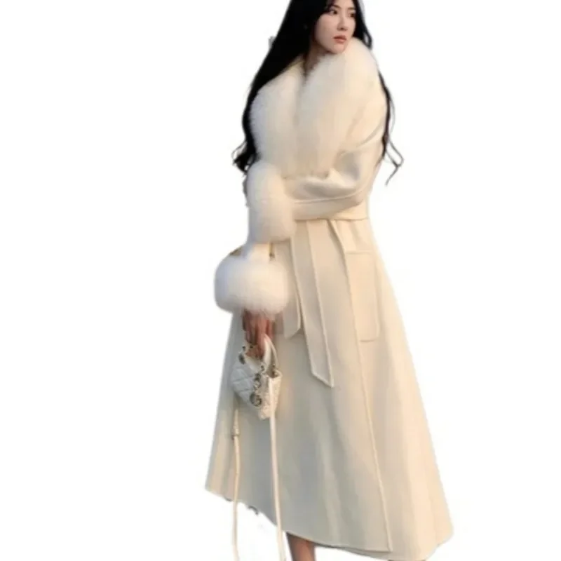 

New Winter White Slim Mid-length Coat Waist Imitation Fur Mid-length Woolen Overcoat with Fur Collar Jacket with Fur Cuffs