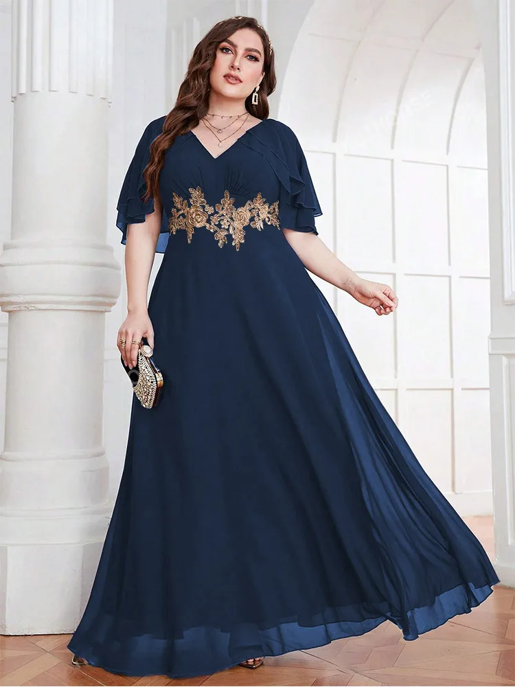 Plus size V-neck 4XL5XL luxury chiffon floor-length bridesmaid wedding evening dress Big Size chiffon Prom Gown for Women 2024