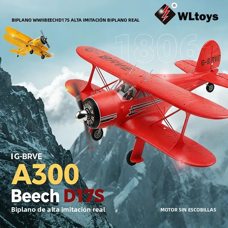Avión RC Wltoys 2.4G 4CH A300-Beech D17S Biplano con Luces LED Nocturnas, Motor sin Escobillas 1806, 3D/6G, Ala Fija, RTF, Regalo para Niños