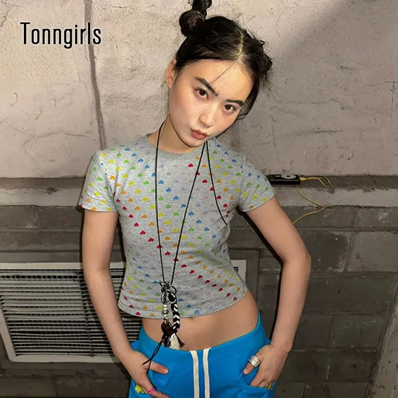 

Tonngirls Y2k Print T Shirt Women Skinny Short Sleeve Star American Retro Crop Tops Streetwear Grunge Tops Summer 2000s Tshirts