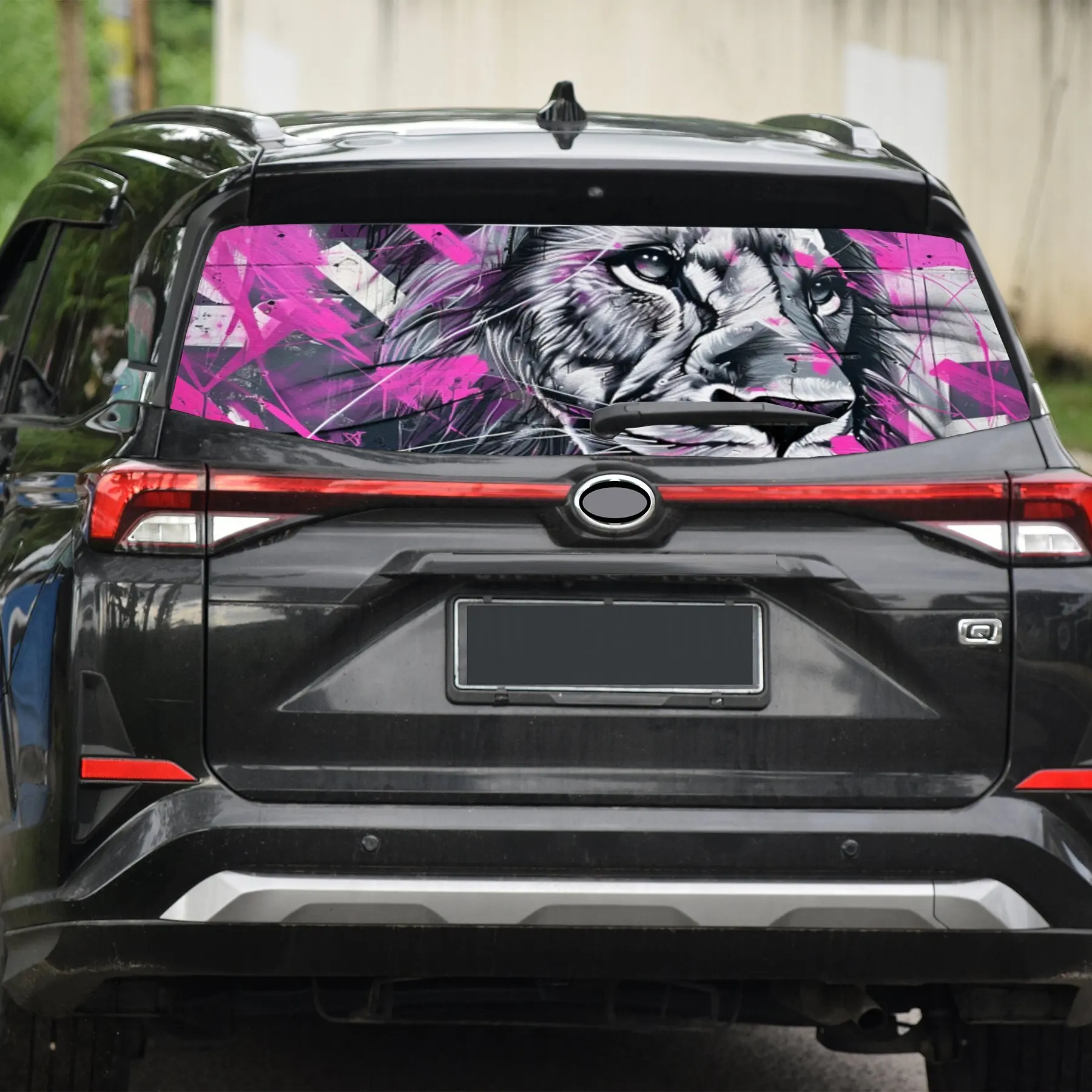Cyber Pink Graffiti - أغطية فينيل للسيارة مثقوبة من مادة PVC على شكل أسد، ملصق متين للزجاج الأمامي الخلفي للسيارة، مظهر خلفي للسيارة مقاوم للماء
