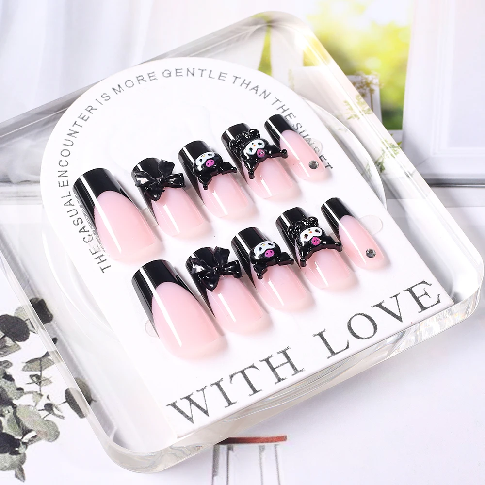 24pcs black kuromi bow french Press On Nails Y2K Sanrio Cute Cartoon Fake nails 3D Hello Kitty Cinnamoroll Girl False Nail Patch