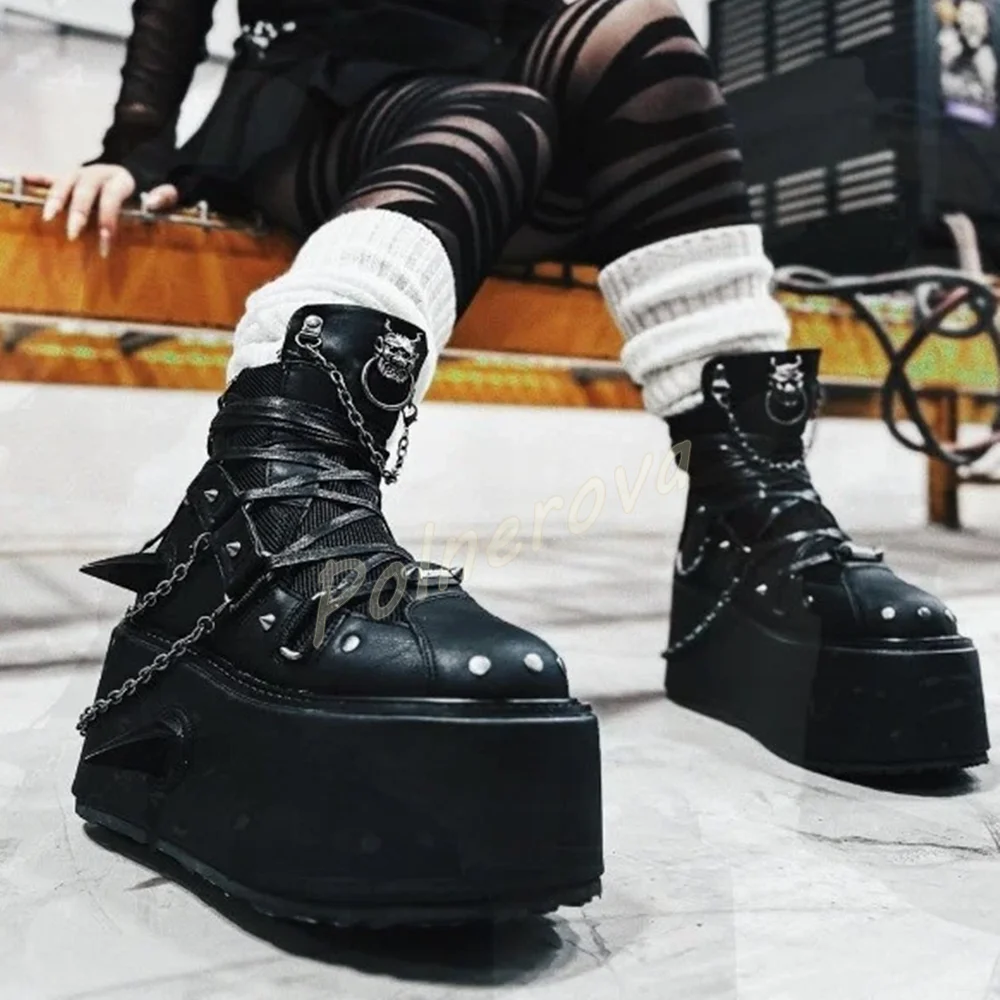 Metal Chain Decor Knee High Boots Women Gothic Punk Lace Up Platform Boots Side Zipper Chunky Sole Leather Long Winter Shoes