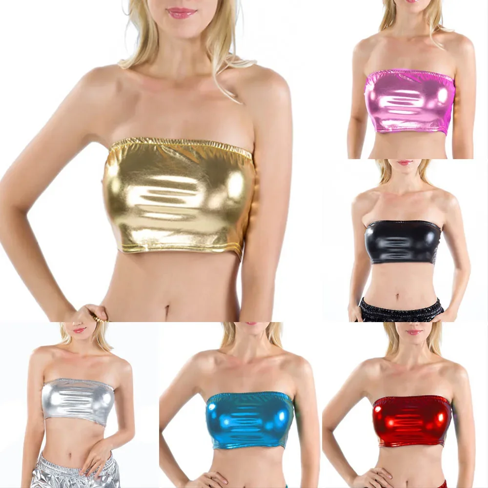 Women\'s Sexy oil glossy Tube Tanks Summer PU Laser Look Bustier Vest Crop Tops Shiny Dance Club Tank Tees For Female Clothing