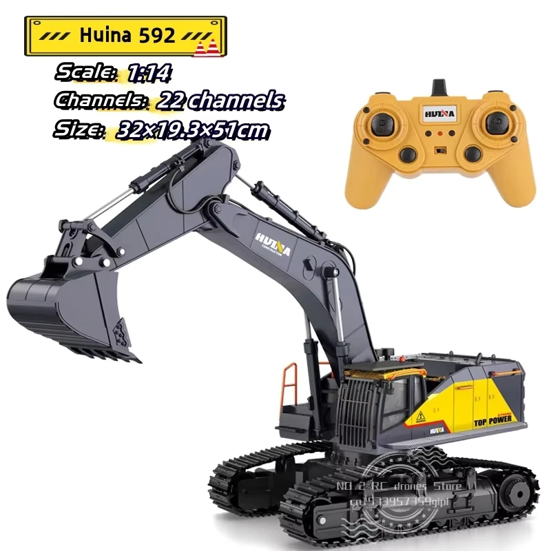 HUINA 592 1:14 Big Remote Control Alloy Excavator 22 Channels Simulation RC Excavator Construction City Trucks Vehicle Boys Toys