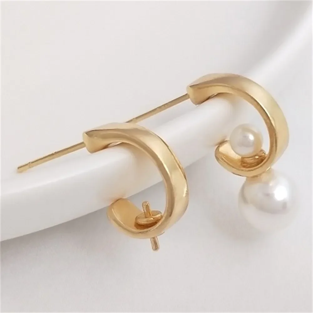 

925 Silver Needle Can Be Inlaid with Half Hole Bead Holder C-shaped Fashionable Earrings 14K Gold Simple DIY Earring Accessories