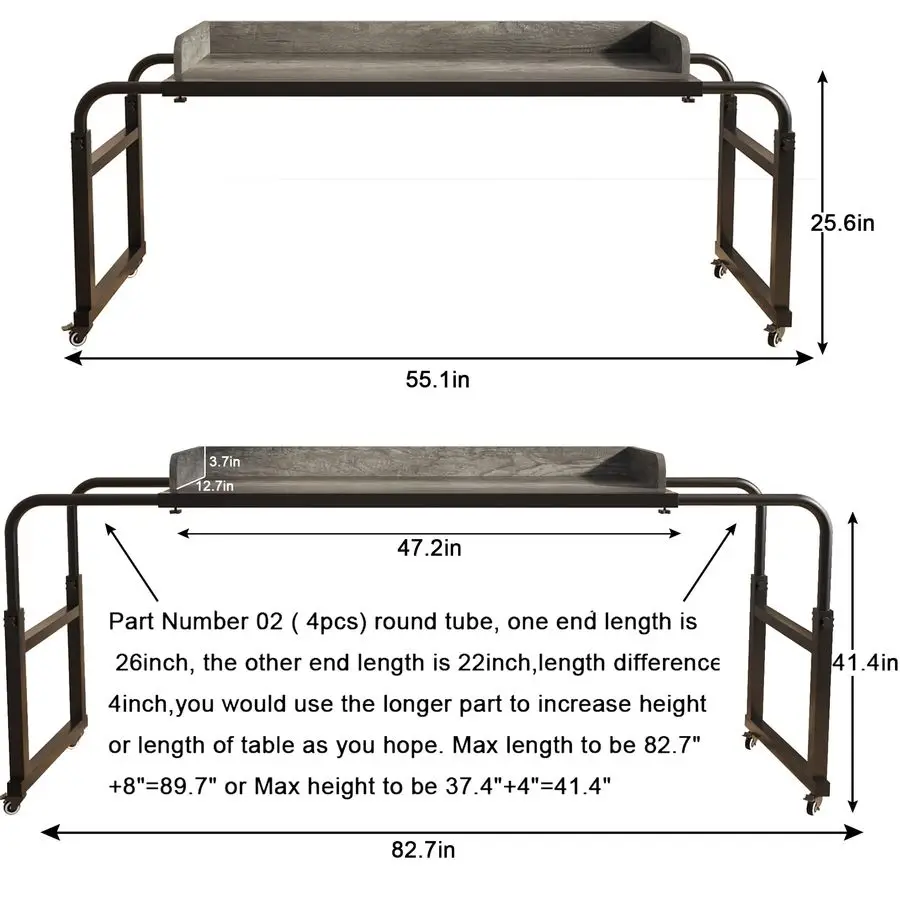 مكتب فوق السرير مع عجلات King amp Queen Bed Table طاولة كمبيوتر محمول رمادي، QQ950
