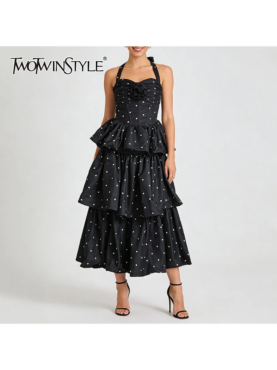 

TWOTWINSTYLE Elegant Spliced 3D Flower Wave Point Long Dresses for Women Halter Sleeveless Tunic Patchwork Ruffles Dress Female