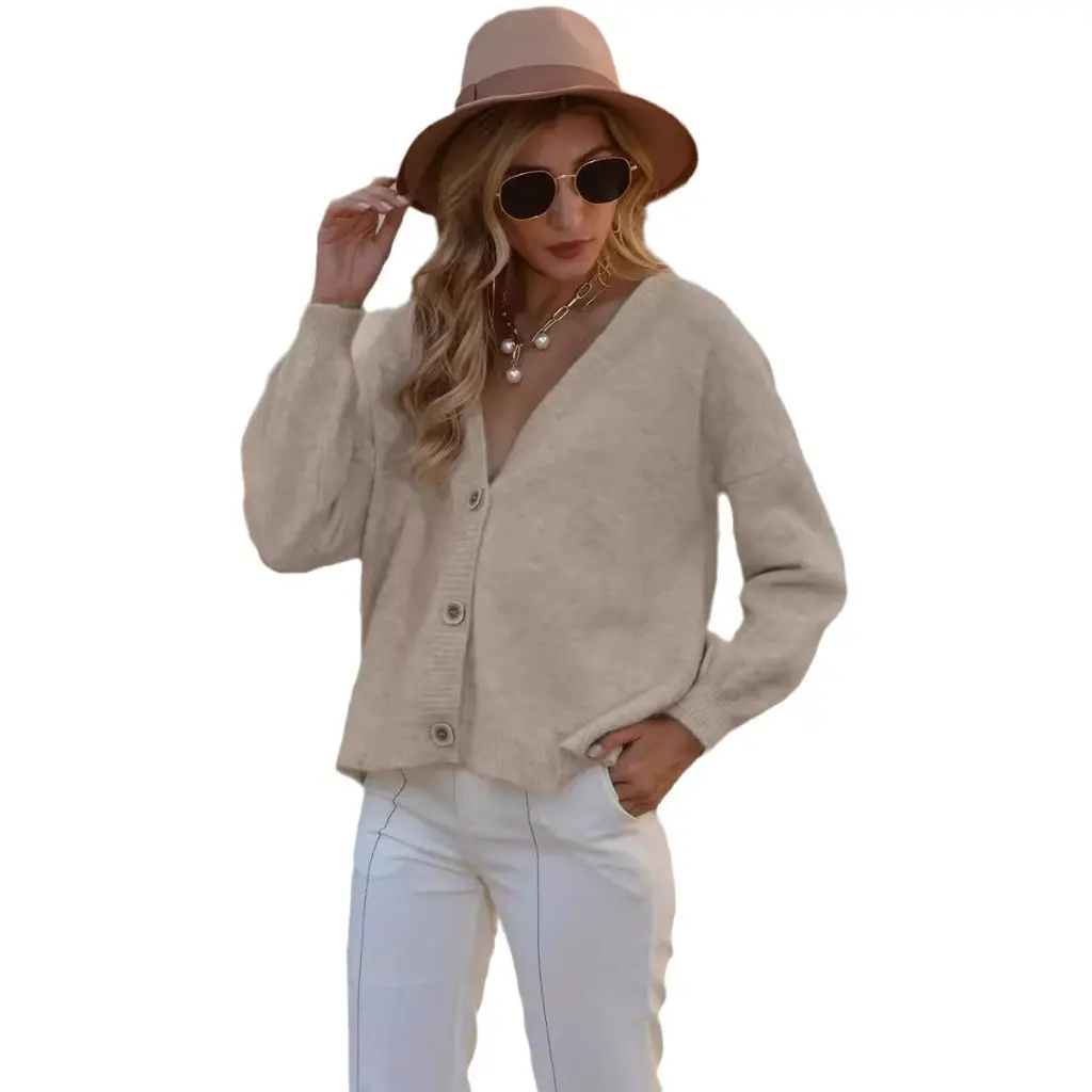 

Women's Solid Color Single-Breasted Knitted Cardigan European American Style Autumn Winter Casual Loose Top Jacket