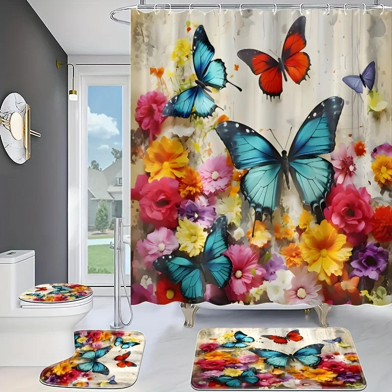 4pcs Colorful Butterfly & Blooming Flowers Shower, Polyester, Decorative Bathroom With Hooks, Vibrant Floral Decor For Home