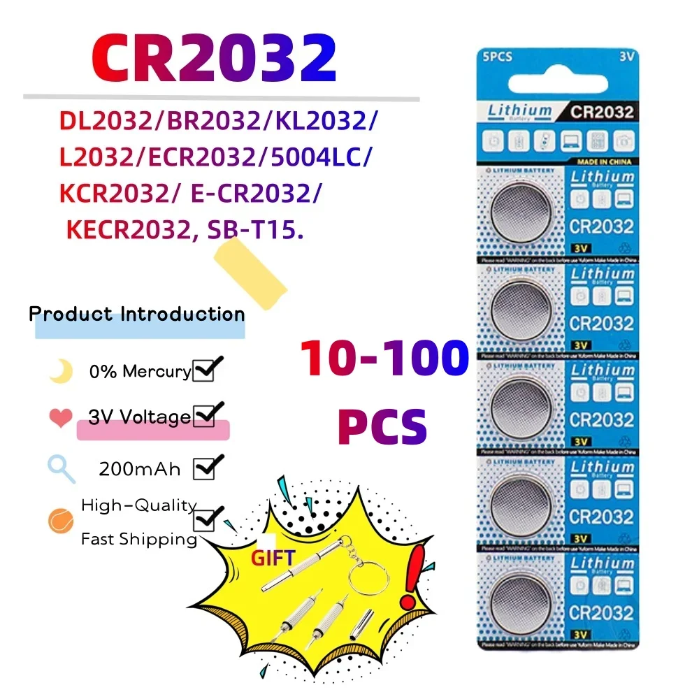 7-Tage-Schnelllieferung 20-100 Stück CR2032 Batterie 3V Knopfzelle Spezialisierte Batterie für Autofernbedienung DL2032 Lithium-Batterie