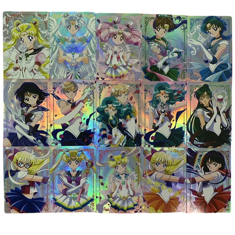 15Pcs/set Sailor Moon Gauze Refraction Flash Card Rainbow Refraction Flash Card Anime Game Characters Collection Cards