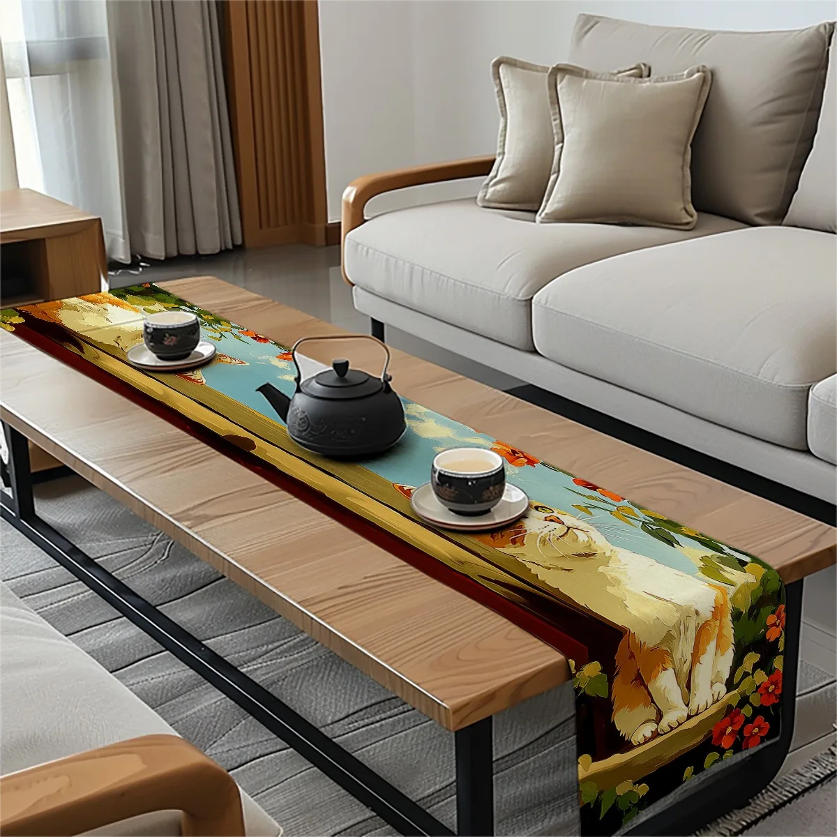 decoration table runner Floral & Cat Pattern Impressionist Style Long cloth Festive Dining & Living Room Decor,Kitchen & Coffee