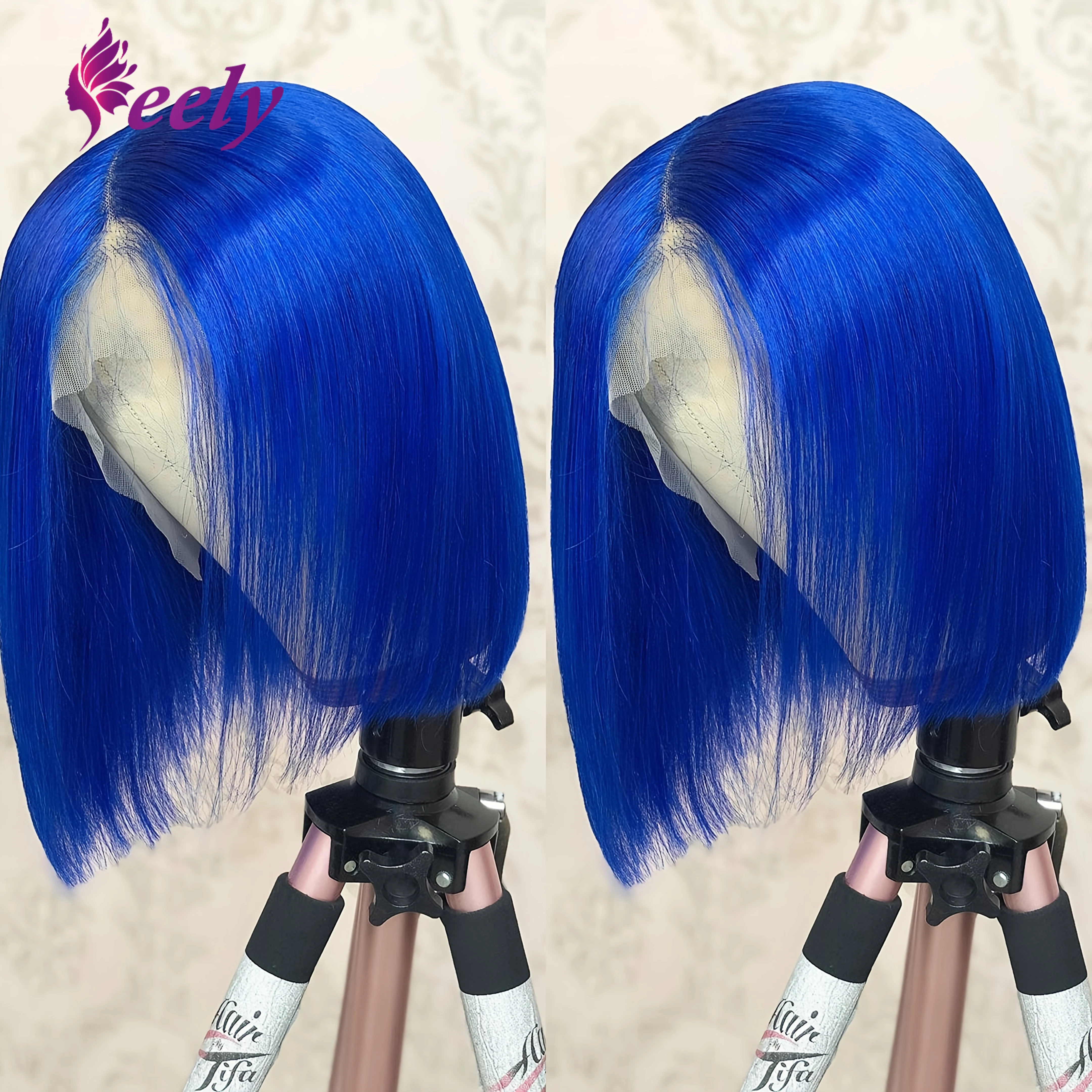 

13X4 Lace Front Wigs Straight Navy Blue Colored Human Hair Wigs Brazilian Lace Pre Plucked Hair Colored Wig Short Bob Wig 16Inch