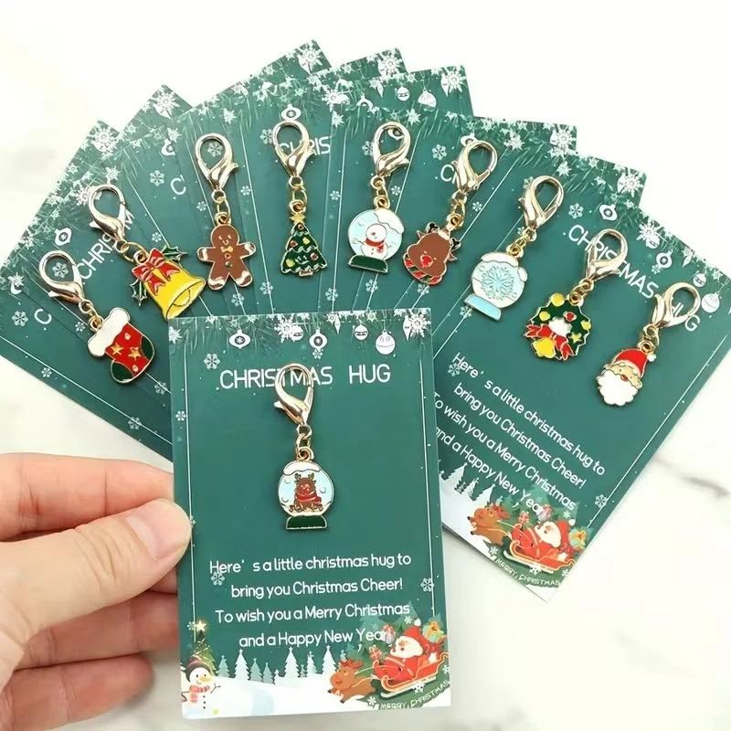 10Pcs Santa Claus Snowman Gingerbread Man Reindeer Designs Christmas-Themed Keychain With Christmas Hug Greeting Card Gift
