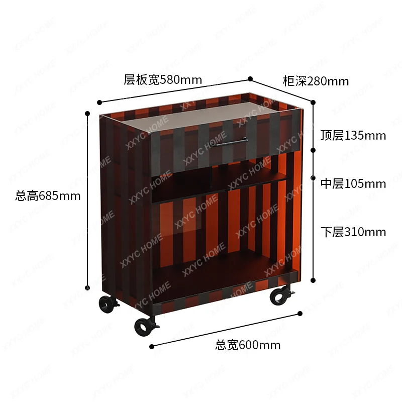 AAGray Square Acrylic Living Room Mobile Small Side Cabinet Striped Cart Rack Sofa Side Snack Storage Rack