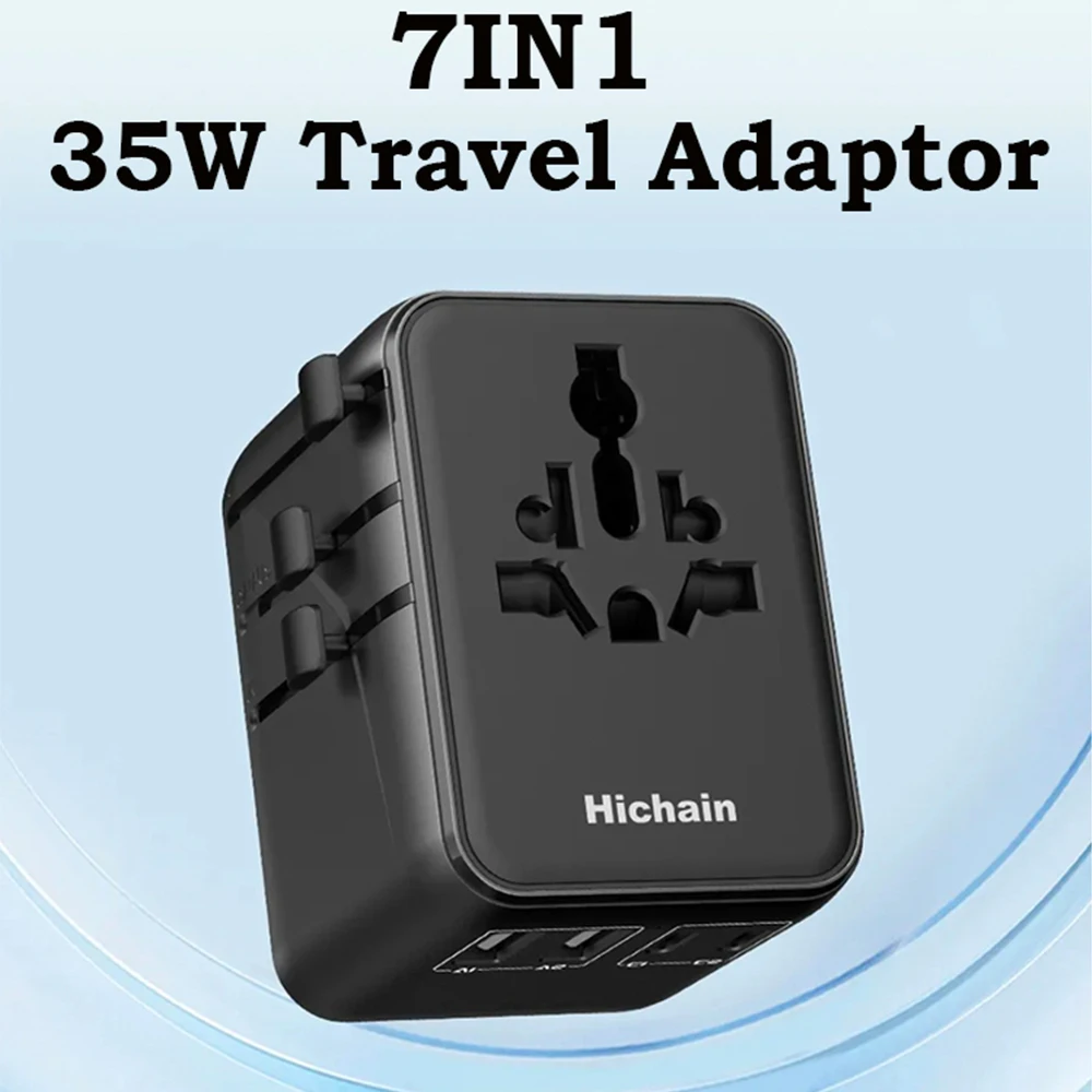 

7-in-1 Universal Travel Adapter GaN 35W With Dual AC 3 USB-C ＆ 2 USB-A Ports All in One Portable Socket EU/US/UK/AU Plug