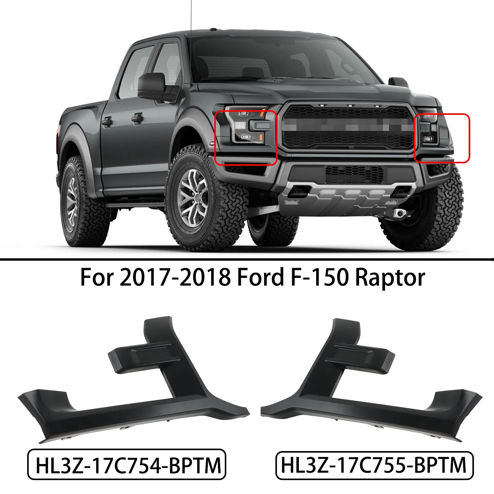 Car Front Bumper Headlight Trim Molding For 2017-2018 Ford F-150 Raptor head lamp Grille HL3Z-17C755-BPTM HL3Z-17C754-BPTM