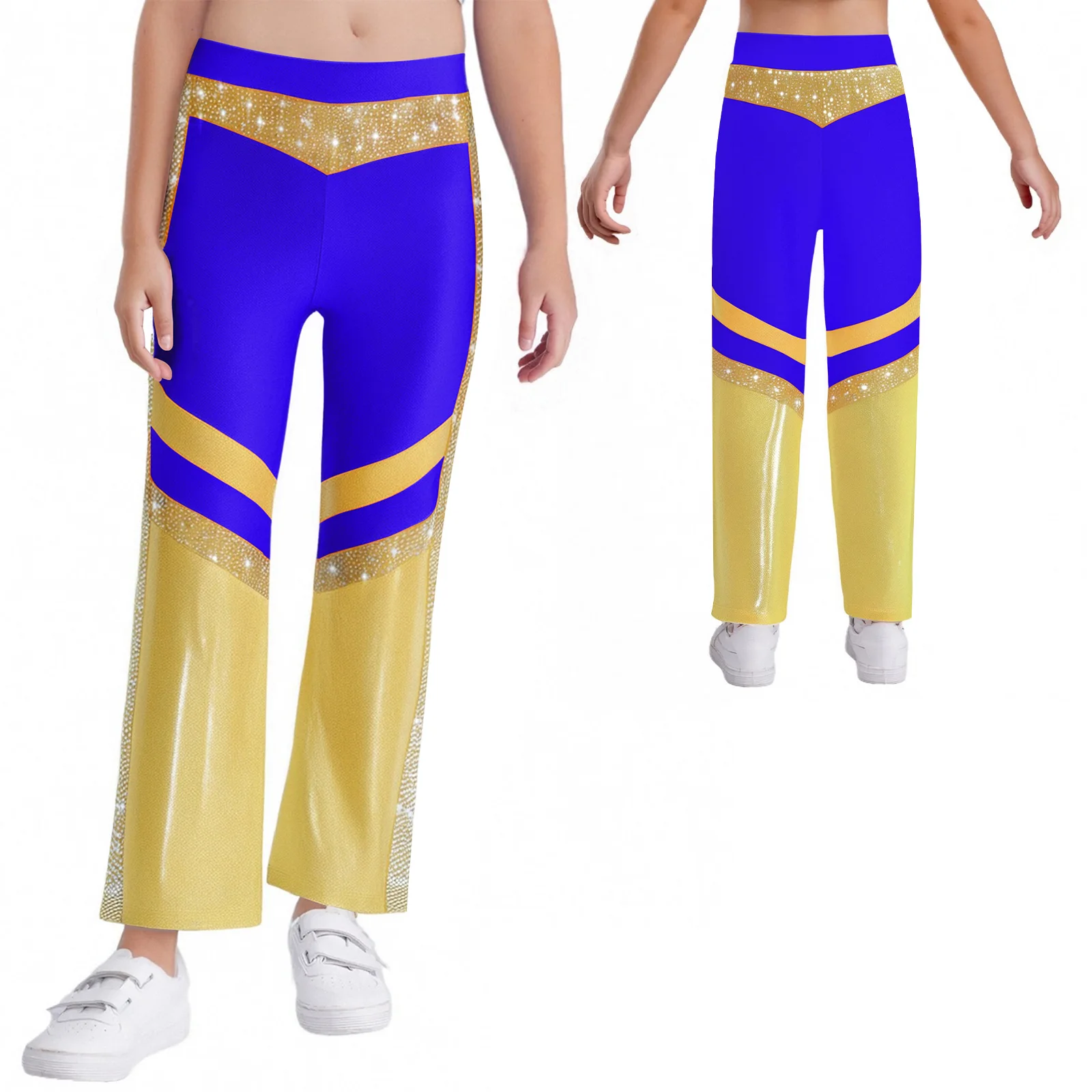 Figure Skating Acrobatics Dance Costume for Kids Girls Gymnastics Costume Shiny Rhinestone Bell-Bottomed Pants Party Dancewear