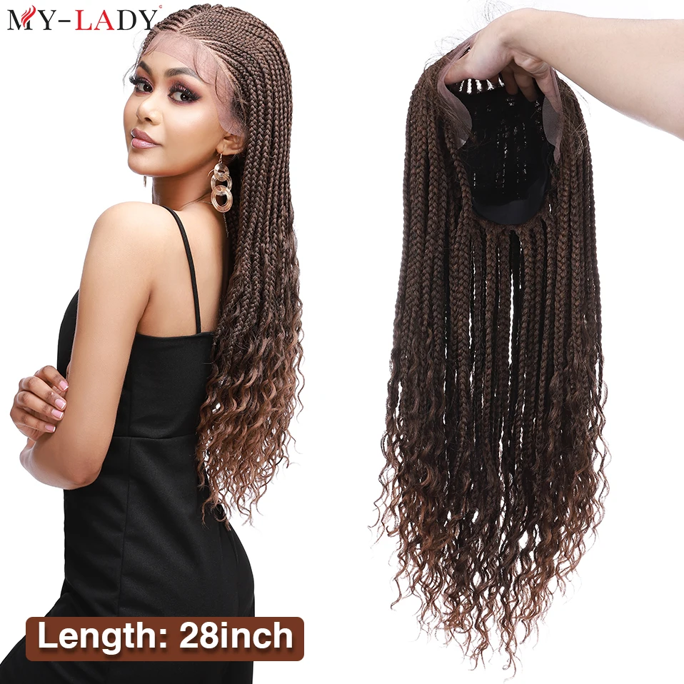 My-Lady Synthetic Box Braids 28Inch Cornrow Braided Lace Wigs Curly Ends Lace Front Wig With Baby Hair 339g Dreadlocks Afro Wigs