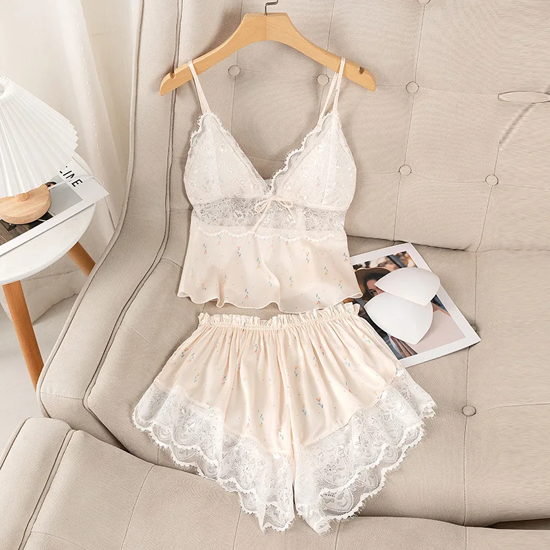 Summer Print Pyjamas Suit Women Sleepwear Lace Hollow Out Pajamas Set Sexy Strap Top&Shorts PJS Lingerie Satin Homewear