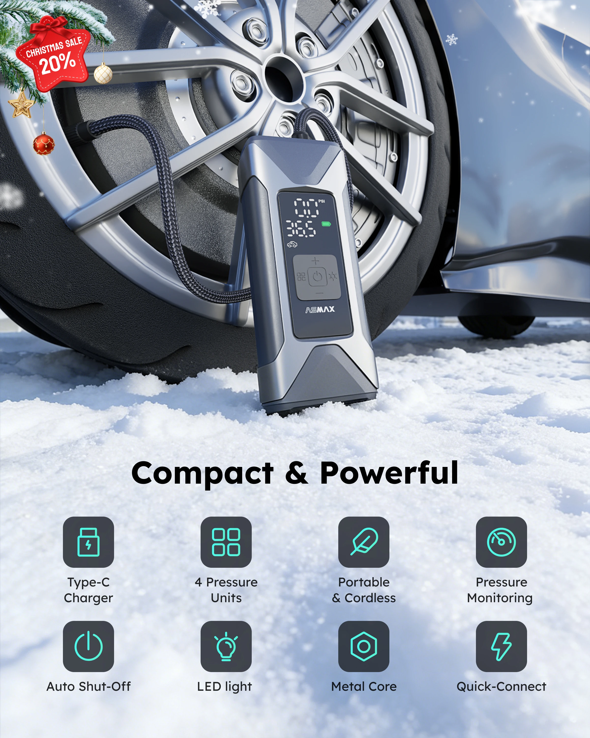 ASMAX 160PSI Portable Inflator Pump Motorcycle Air Pump 7500mAh Tyre Electric Inflator Pump for Car Bicycle Balls Air Compressor