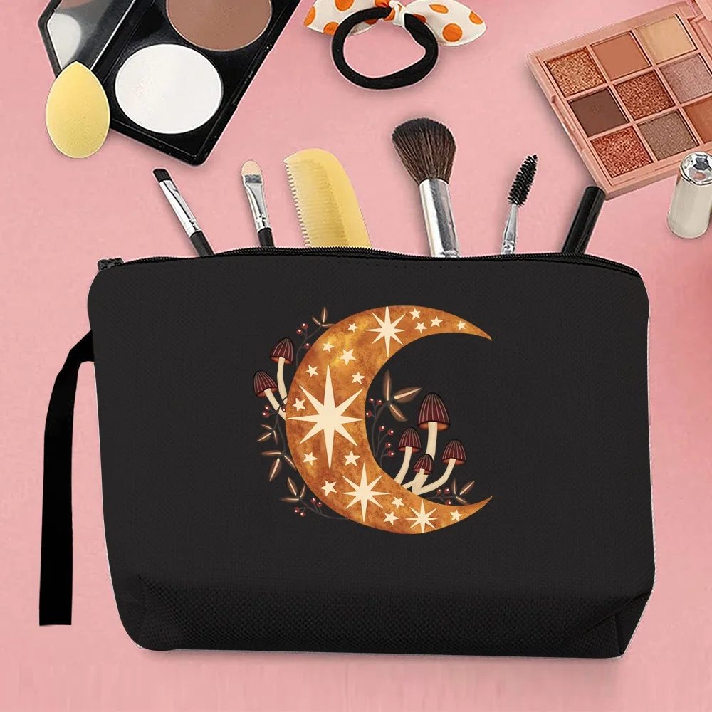Fashion Woman Makeup Brush Storage Bag Coin Purse Canvas Cute Mushroom Pattern Printing Portable Harajuku Storage Black view 4