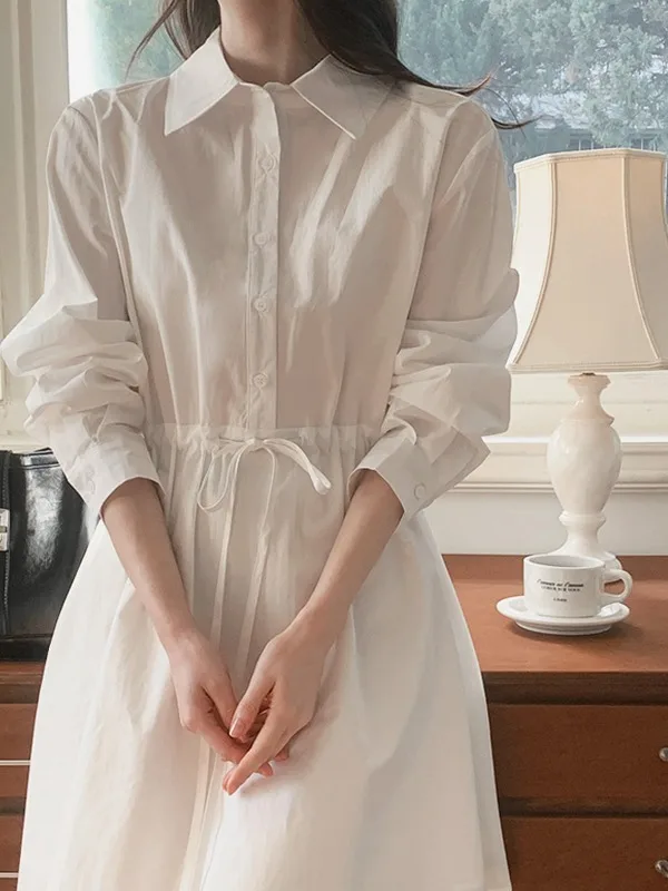 تنورة أنيقة بيضاء irt Dr للسيدات برباط الخصر للتنحيف على شكل حرف a للتنقل الكوري Sle طويل Sve ألياف البوليستر