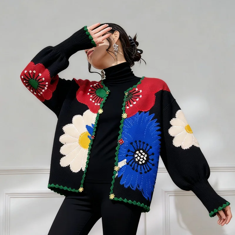 

Retro Ethnic Style Color-Block Floral Knit Cardigan Women's Vintage Sweater Coat
