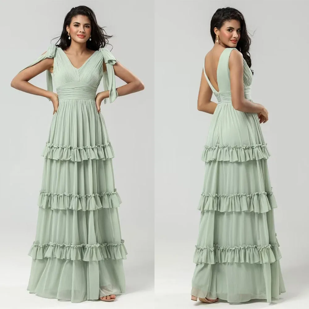 

High Quality Customized V-neck Floor Length Backless Sleeveless Green Pleat Tiered Vestido De Festa De Casamento Evening Gowns