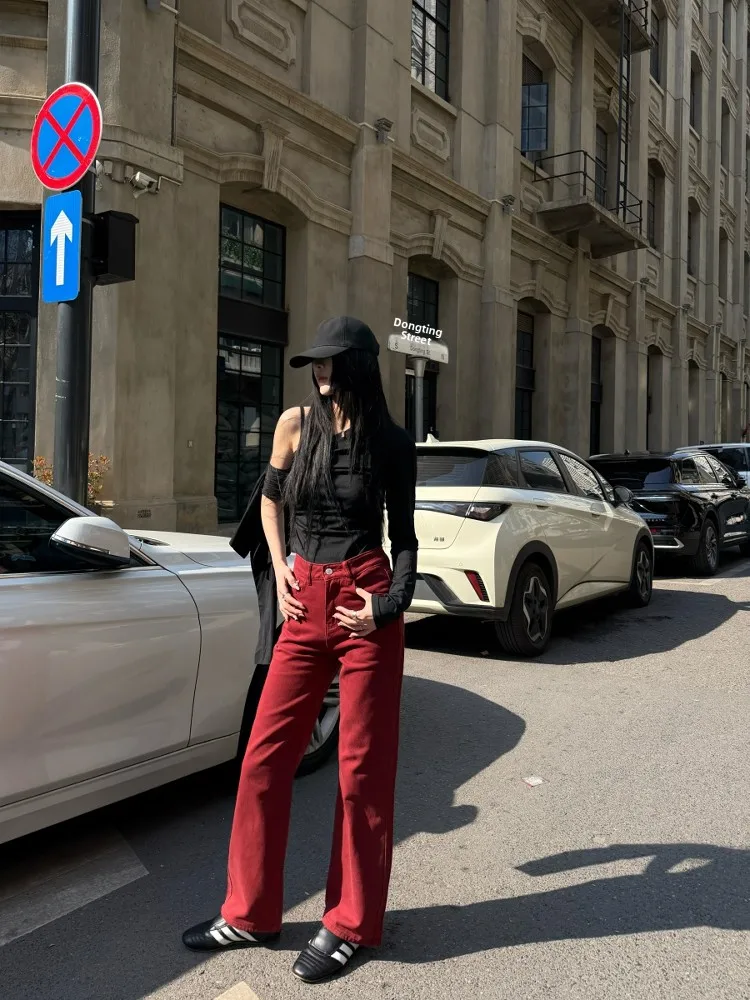 

Tristine, прямые красные джинсы с высокой талией, женские весенние новые свободные широкие брюки длиной до пола, повседневная одежда, выцветший джинс