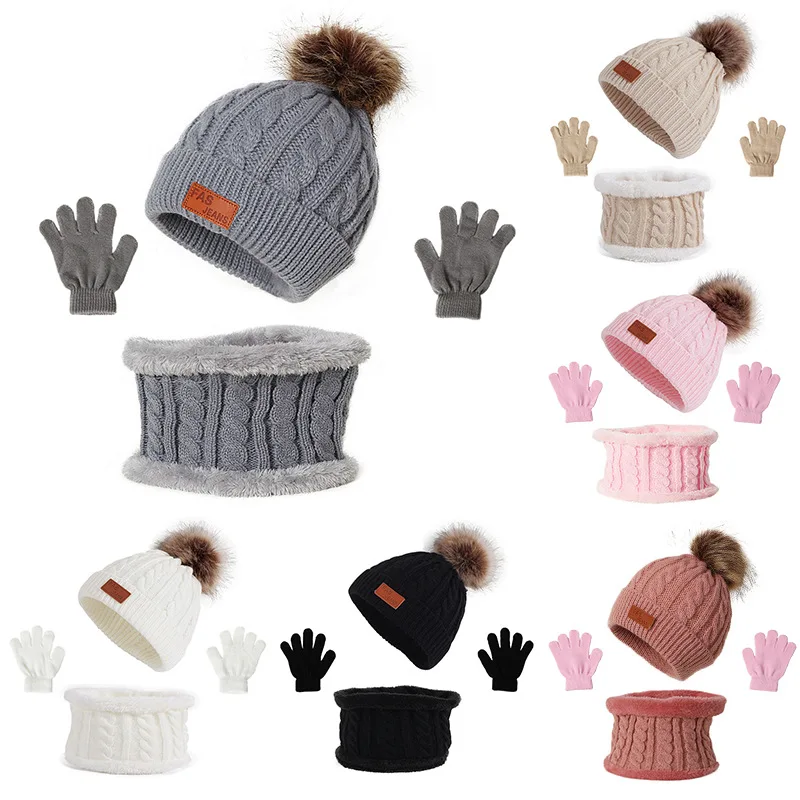 3Pcs Winter Baby Hat Scarf Gloves Set Solid Color Toddler Bonnet Cute Pompom Knitted Hats Outdoor Warm Infant Accessories