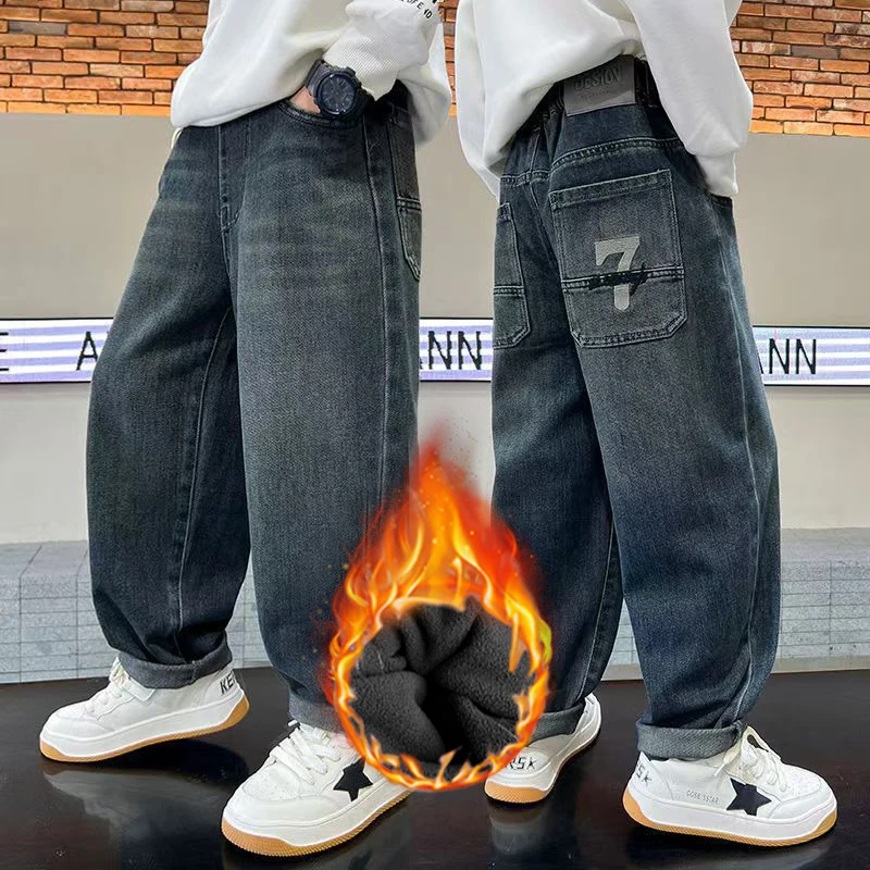 Winter-Jeans für Teenager-Jungen, Plüsch-Warm, 4-14 Jahre, Kinder-Mode, bestickte Buchstaben, Denim-Hose, Herbst, lässige, gerade geschnittene Sporthose – Detail 2