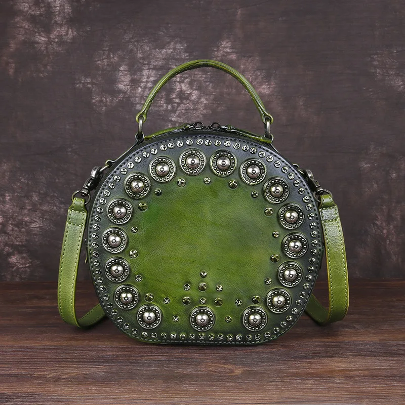 Imagem -05 - Mortaora-bolsas de Ombro Artesanais Vintage para Mulheres Bolsas de Luxo Feitas de Couro Genuíno Rebite Redondo Nova Tendência2023