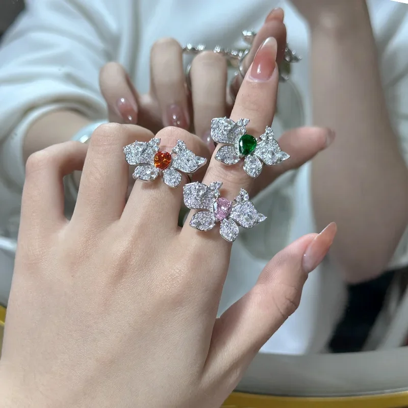 

MDL Moissanite Style Vintage Green Radiant Princess Pink Ring 18K Gold Plated Multi-Cut Zirconia Red Corundum Butterfly Ring