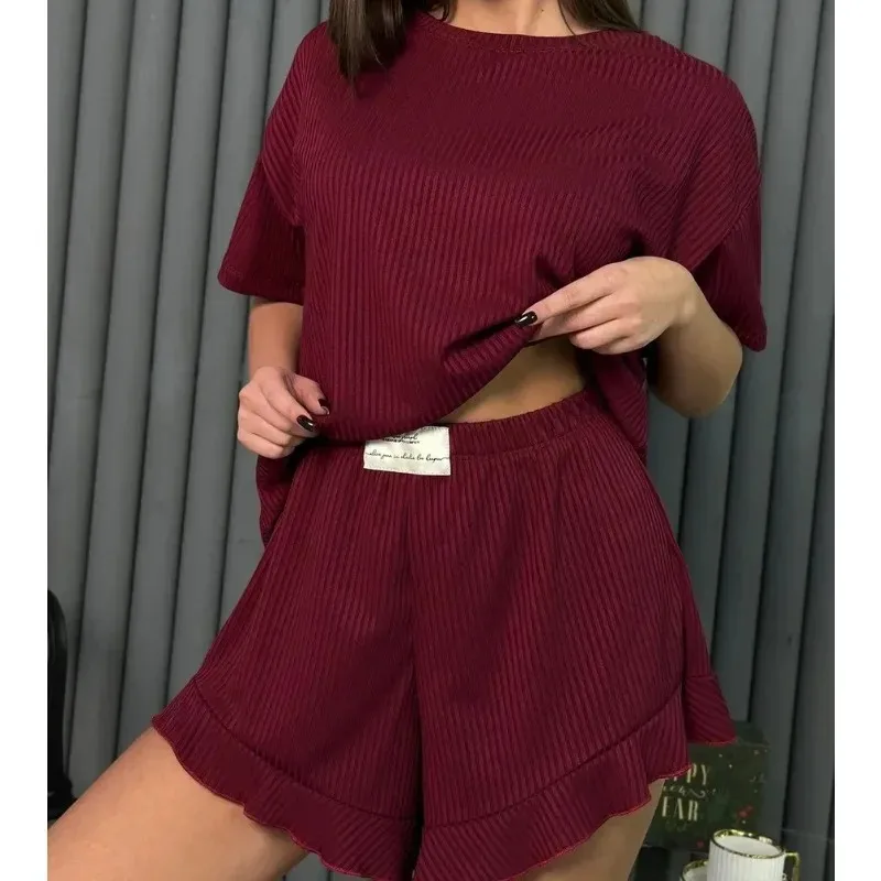 

Женский комплект пижамы с ребристой текстурой: футболка с коротким рукавом и шорты, 2 предмета, повседневная свободная дышащая одежда для дома и отдыха