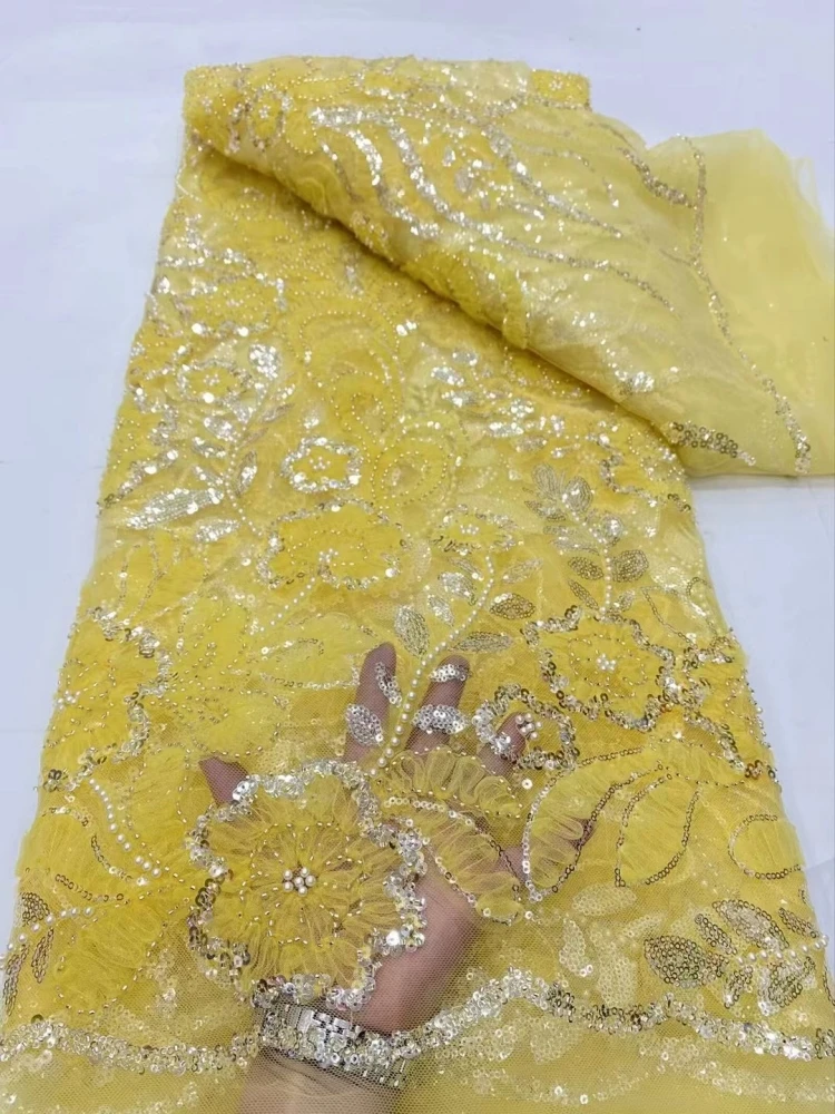 

Yellow,Nigerian Sequins Lace Fabric, Hand Beaded Lace Fabric, Luxury French Embroidery Beads, Wedding, 2024, Latest