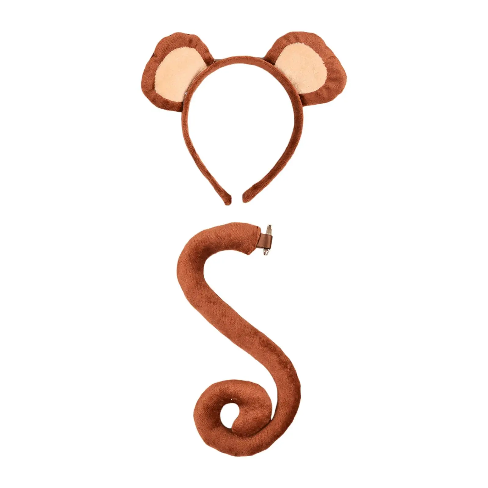 2x Monkey Ears and Tail Set Cute Monkey Hair Hoop Headwear Long Tail for Holiday Role Play Animals Themed Parties Decoration