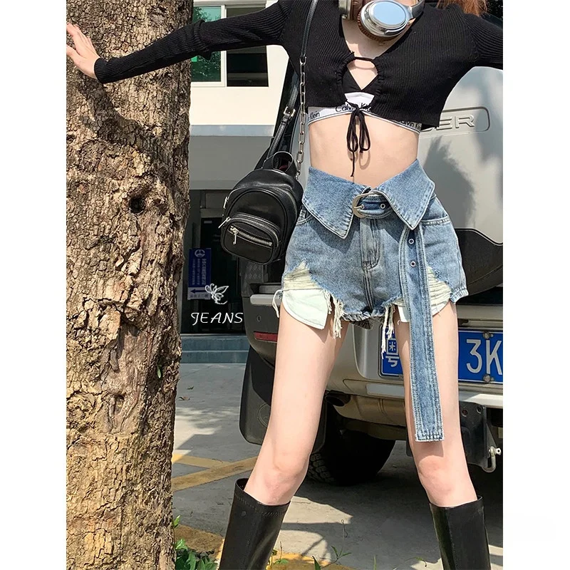 

High Waist Distressed Denim Shorts Women Summer Slimming A-Line Hot Pants Street Style Shorts Wide Leg Jeans Short Length