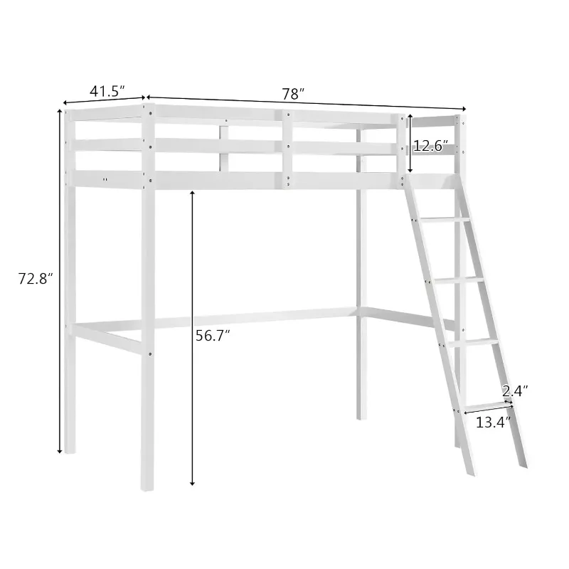 High Loft Bed Frame Twin Wooden Loft Bed Kids Junior Teens Adults Single Bed No Box Spring Needed White, Customized