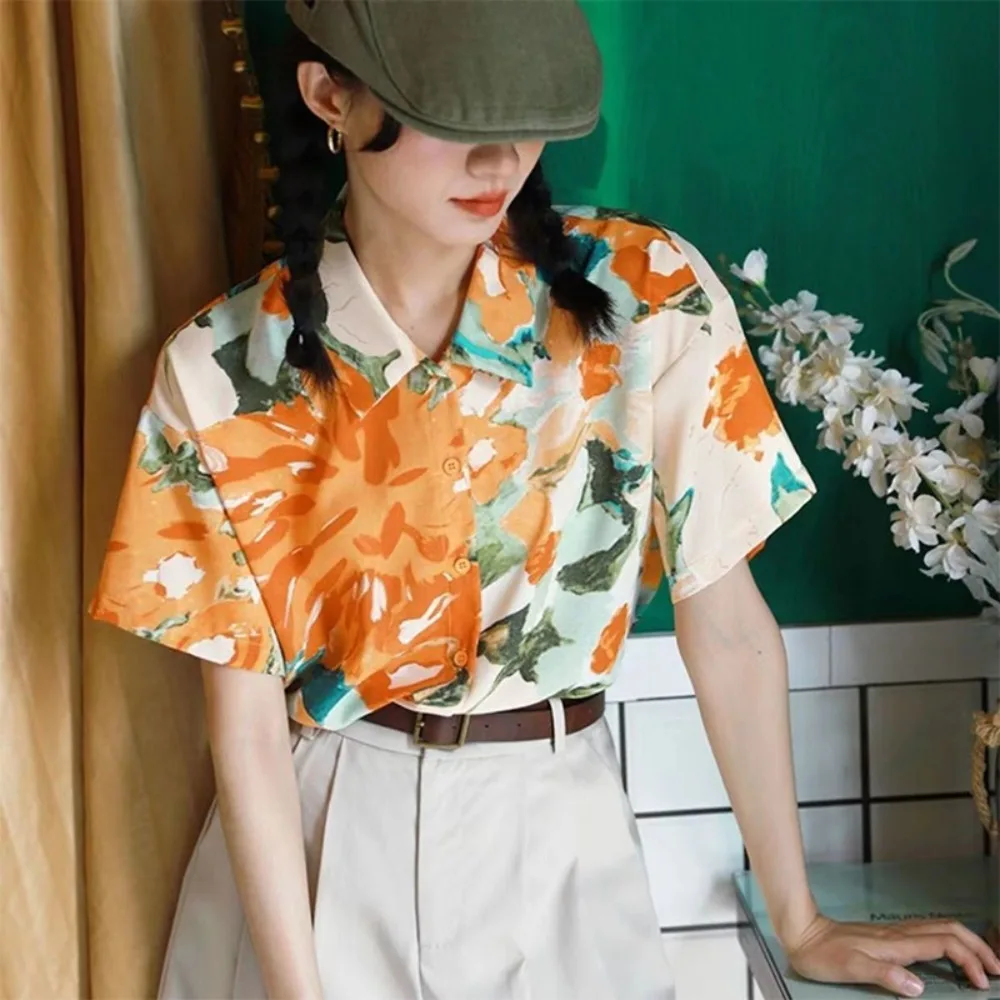 

Korean Style V-neck Floral Short Sleeve Shirts Button Up Y2K Flower Blouse Women Streetwear Loose Sweet Girls Shirts Girls