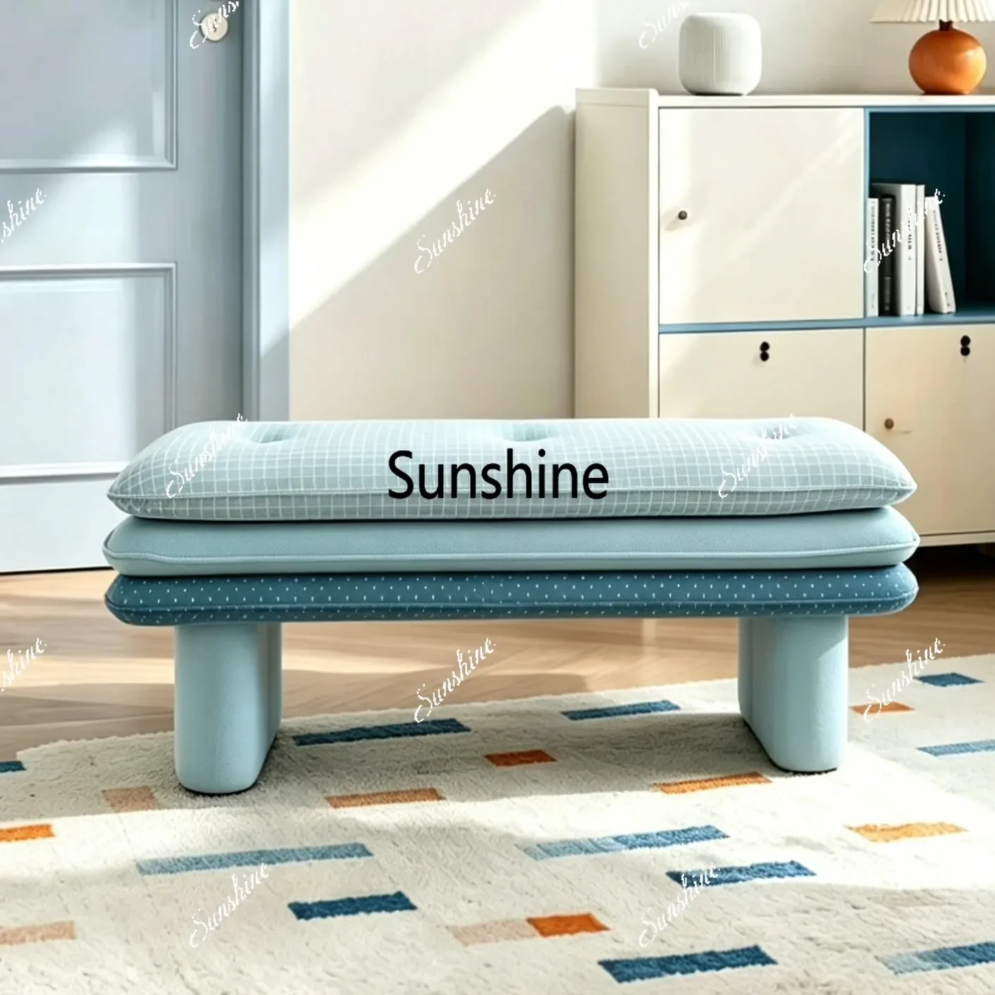Side Office | Dopamine Three-layer Soft Bag Bench Blue Polka Dot Lattice Bedside Bench Bedroom Cream Wind Shoe Changing BenchTJ