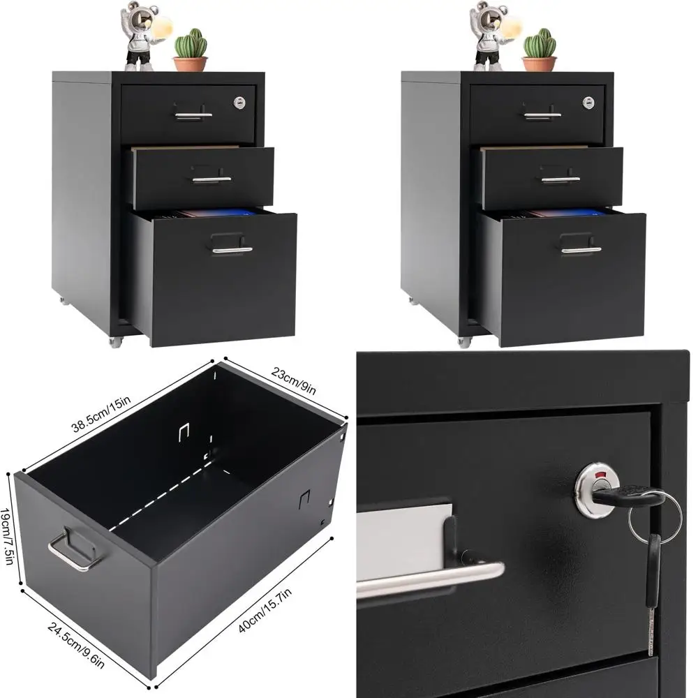 

Black Steel Vertical File Cabinet with 3 Lockable Drawers and Casters for Under Desk Storage